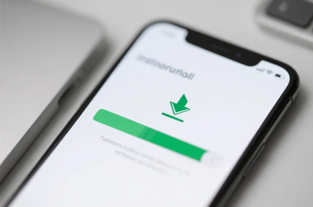 A clean modern smartphone displaying a generic installation progress screen with a green progress bar, minimalist download icon, professional editorial setup